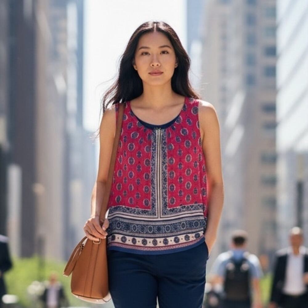 Rose & Olive Scarf Print Tank Womens XL Pink Blue Split Back Career Shell Top